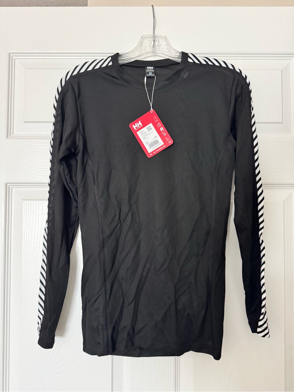 Helly Hansen Black Long Sleeve Crew with White Diagonal Sleeve Stripes
